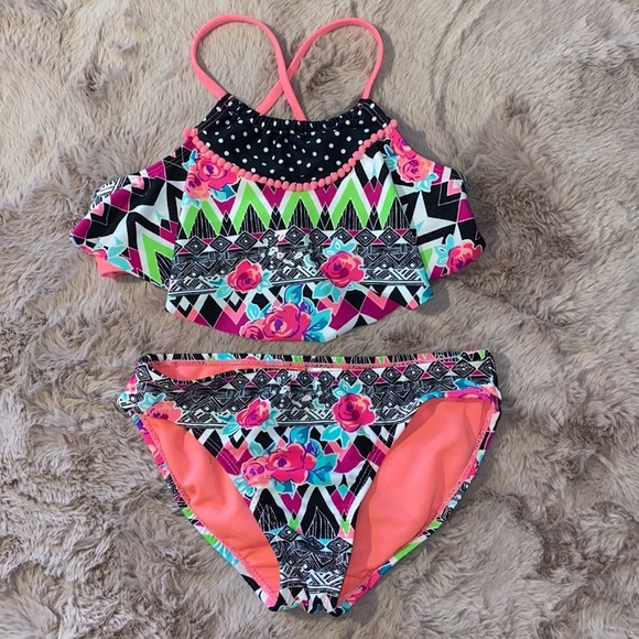 wonder nation Other - Wonder Nation M (7-8) girls 2-piece bikini swimsuit black pink neon green white‌